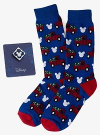 Disney Mickey Mouse Holiday Truck Navy Socks and Blue Lapel Pin Gift Set