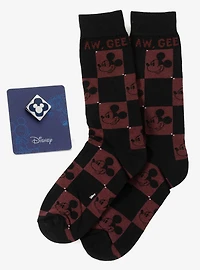 Disney Mickey Mouse Red Check Sock and Mickey Blue Lapel Pin Gift Set