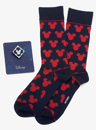 Disney Mickey Mouse Silhouette Blue Sock and Mickey Blue Lapel Pin Gift Set