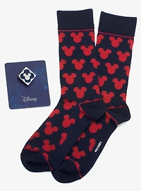 Disney Mickey Mouse Silhouette Blue Sock and Mickey Blue Lapel Pin Gift Set
