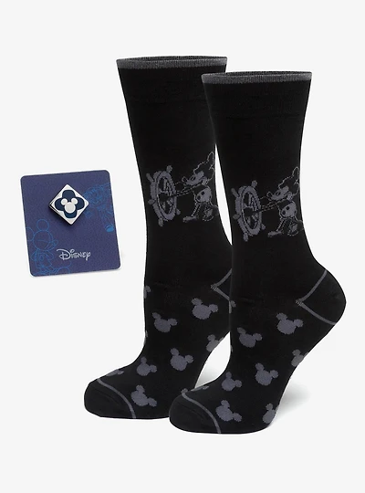 Disney Mickey Mouse Steamboat Willie Sock and Mickey Blue Lapel Pin Gift Set