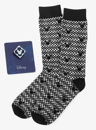 Disney Mickey Mouse Silhouette Chevron Sock and Mickey Blue Lapel Pin Gift Set