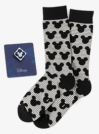 Disney Mickey Mouse Stripe Gray Sock and Mickey Blue Lapel Pin Gift Set