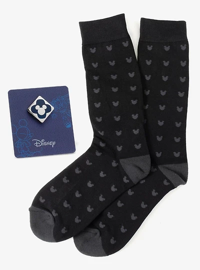 Disney Mickey Mouse Silhouette Motif Black Sock and Mickey Blue Lapel Pin Gift Set