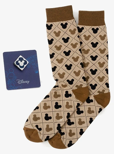 Disney Mickey Mouse Tan Sock & Mickey Lapel Pin Set