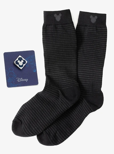 Disney Mickey Mouse Silhouette Stripe Sock and Mickey Blue Lapel Pin Gift Set
