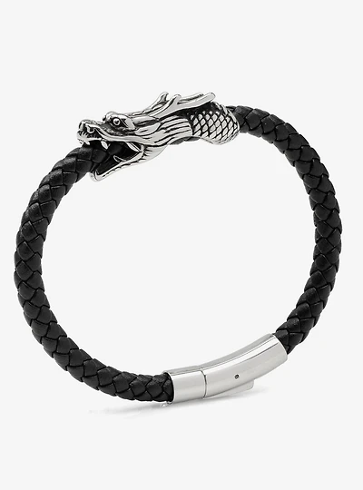 Dragon Head Braided Black Leather Bracelet with Magnetic Closure