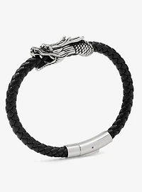 Dragon Head Braided Black Leather Bracelet with Magnetic Closure