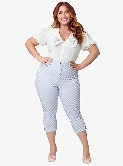 Disney Mickey & Friends Collection by Unique Vintage Plus Blue Gingham Rachelle Capri Pants
