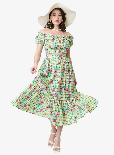 Disney Princess Collection by Unique Vintage Green Gingham Tiered Midi Skirt