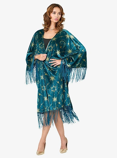 Disney Princess Collection by Unique Vintage Teal & Gold Royal Palace Velvet Fringe Kimono