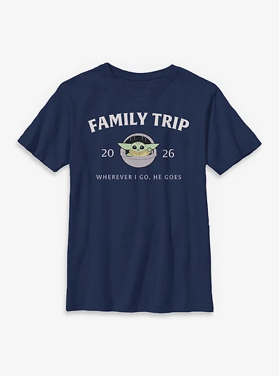 Star Wars The Mandalorian Family Trip 2026 Wherever I Go He Goes Grogu Youth T-Shirt