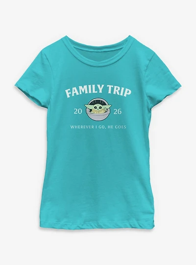 Star Wars The Mandalorian Family Trip 2026 Wherever I Go He Goes Grogu Youth Girls T-Shirt