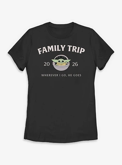 Star Wars The Mandalorian Family Trip 2026 Wherever I Go He Goes Grogu Womens T-Shirt