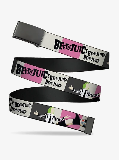 Beetlejuice Pose and Sandworm Stripe White Clamp Buckle Belt