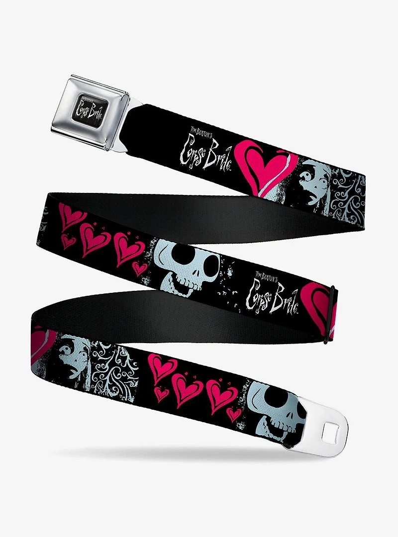 Corpse Bride Emily Hearts and Skull Black White Pink Seatbelt Buckle Belt