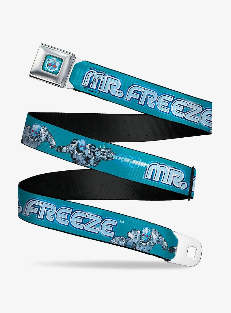 DC Comics Batman Villain Mr Freeze Poses and Title Logo Youth Seatbelt Buckle Belt