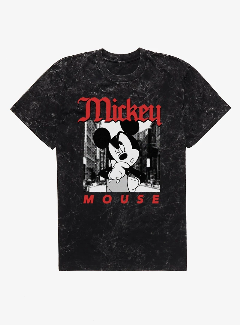 Disney Mickey Mouse Thinking On The Street Photo Mineral Wash T-Shirt