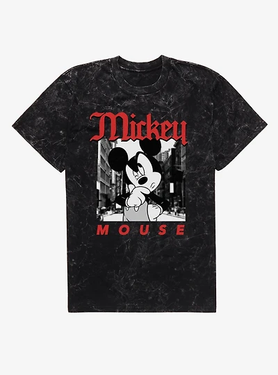 Disney Mickey Mouse Thinking On The Street Photo Mineral Wash T-Shirt