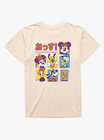 Disney Mickey Mouse Life Is Better With Friends Anime Color Squares Mineral Wash T-Shirt