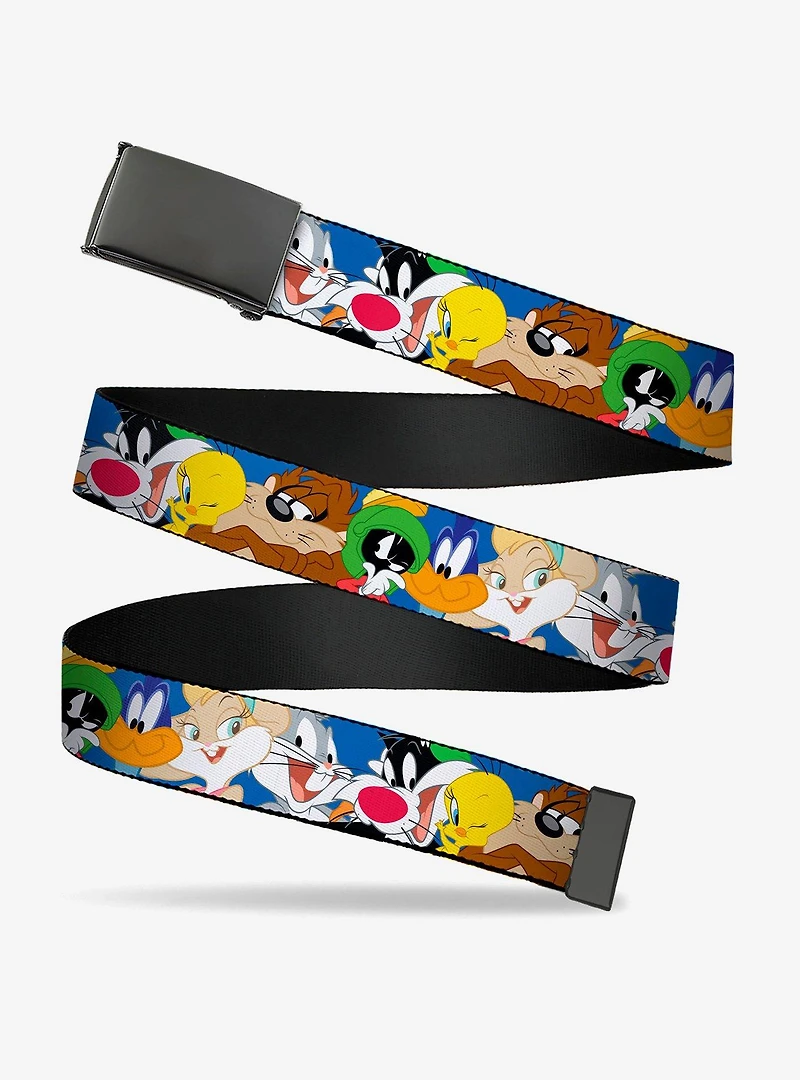 Looney Tunes Seven Character Faces Stacked Blue Clamp Buckle Belt