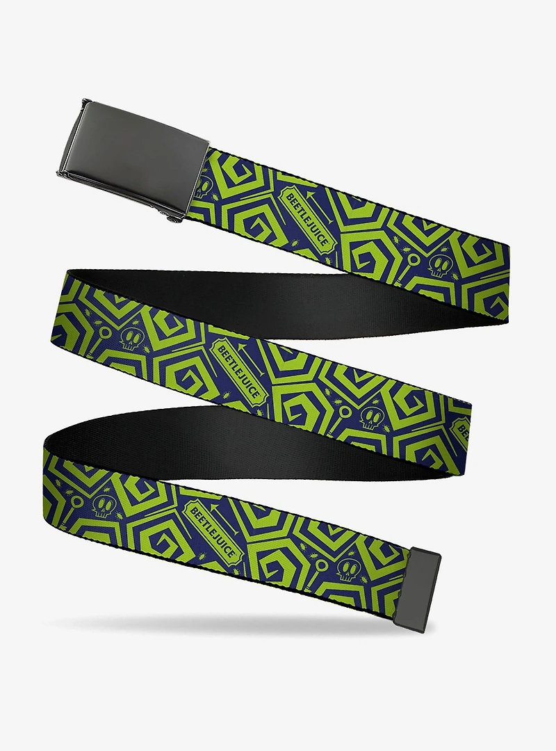 Beetlejuice Title and Icons Collage Green Clamp Buckle Belt
