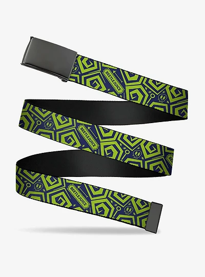 Beetlejuice Title and Icons Collage Green Clamp Buckle Belt