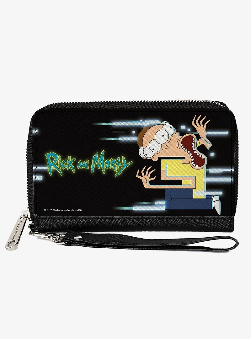 Rick and Morty Full Body Glitch Pose and Title Logo Black Zip Around Wallet