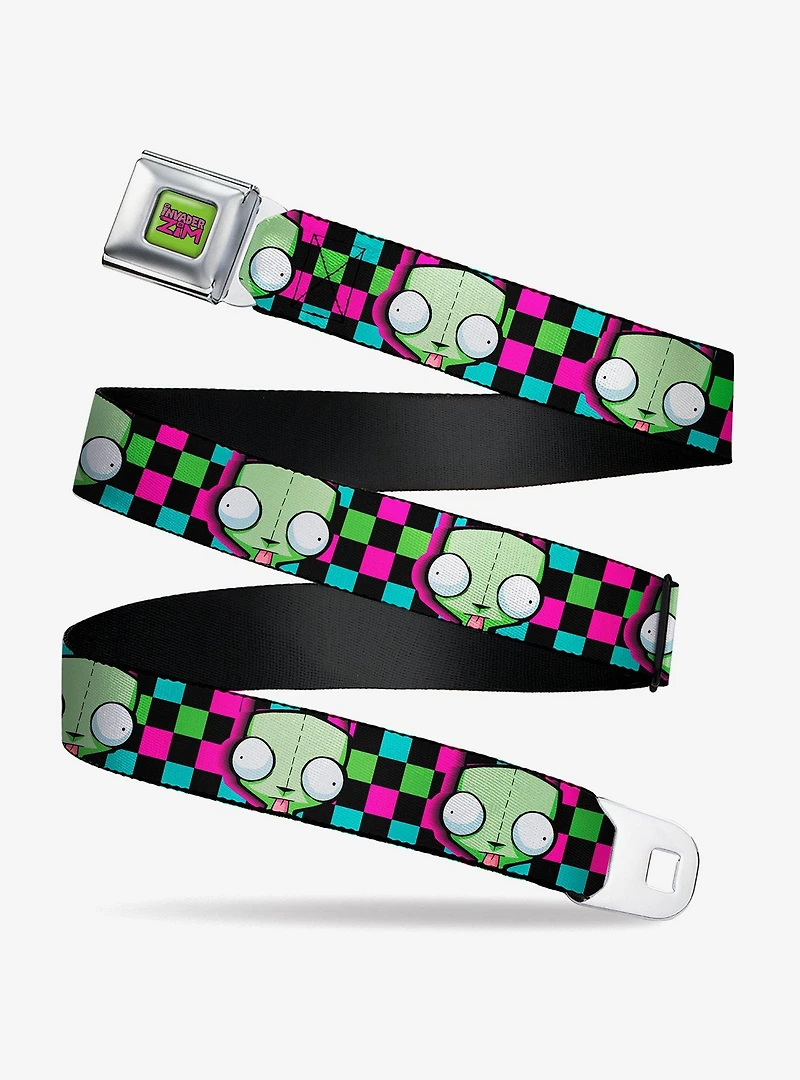 Invader Zim GIR Face Checker Black Multi Neon Youth Seatbelt Buckle Belt