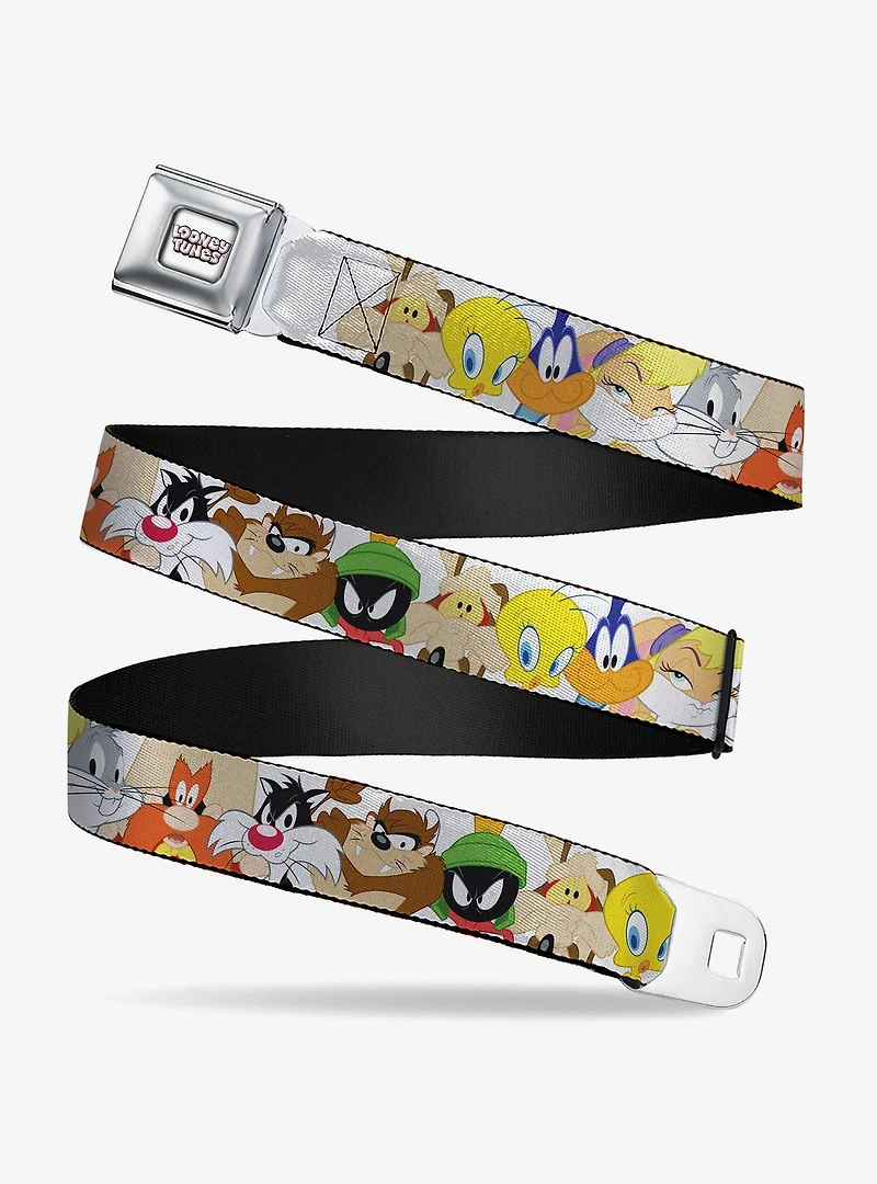 Looney Tunes Nine Character Faces White Youth Seatbelt Buckle Belt