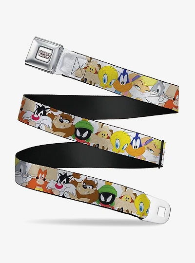 Looney Tunes Nine Character Faces White Youth Seatbelt Buckle Belt
