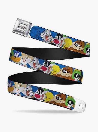 Looney Tunes Seven Character Faces Stacked Youth Seatbelt Buckle Belt