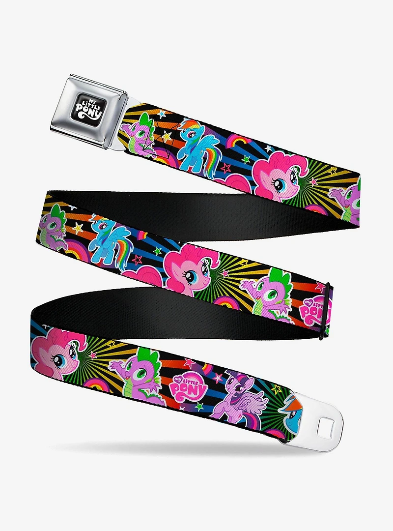 My Little Pony Ponies and Spike Poses Rays Black Multi Youth Seatbelt Buckle Belt