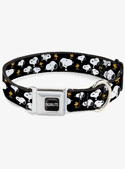 Peanuts Snoopy and Woodstock Poses Scattered Black Seatbelt Buckle Dog Collar