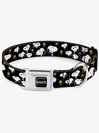 Peanuts Snoopy and Woodstock Poses Scattered Black Seatbelt Buckle Dog Collar