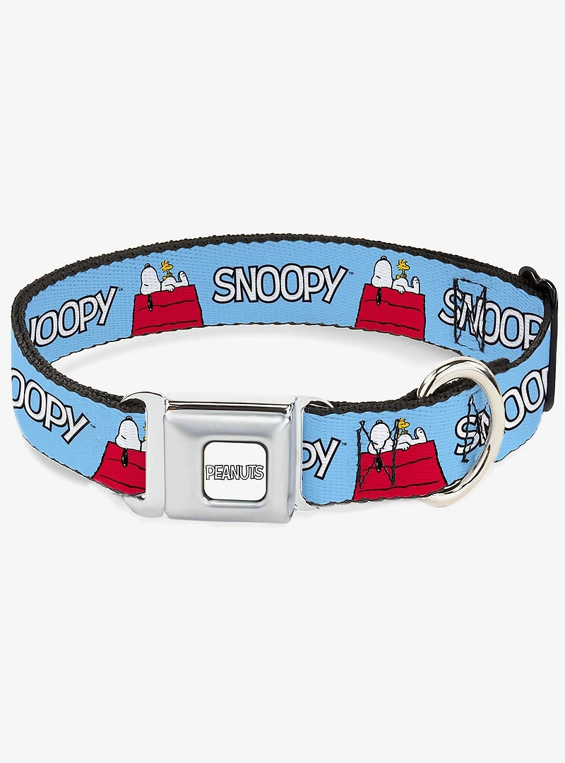 Peanuts Snoopy and Woodstock Dog House Pose Text Seatbelt Buckle Collar