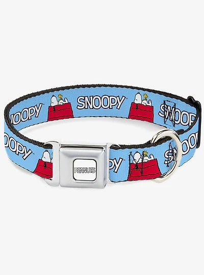 Peanuts Snoopy and Woodstock Dog House Pose Text Seatbelt Buckle Collar
