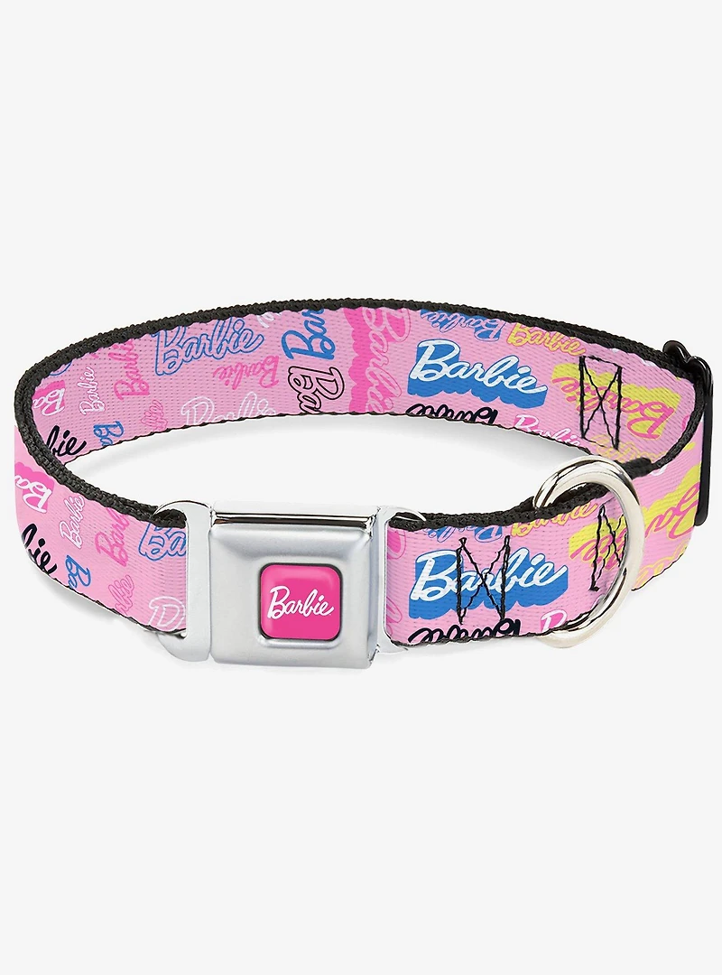 Barbie Script Signature Collage Pink Multi Seatbelt Buckle Dog Collar