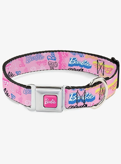 Barbie Script Signature Collage Pink Multi Seatbelt Buckle Dog Collar