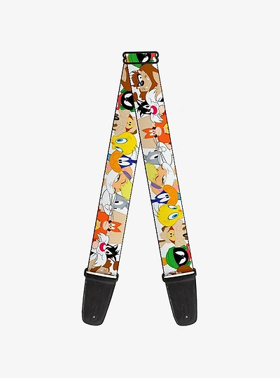 Looney Tunes Nine Character Faces White Guitar Strap