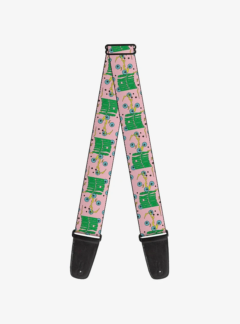 Rick and Morty Text and Eyeball Collage Pink Green Guitar Strap