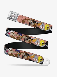 Looney Tunes Seven Character Poses Stacked Peach Seatbelt Buckle Belt