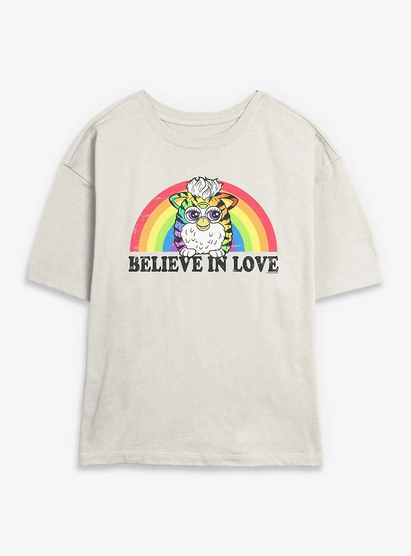 Furby Believe Love Rainbow Womens Skimmer T-Shirt