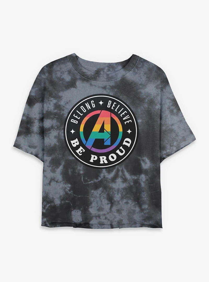 Marvel Avengers Logo Belong Believe Be Proud Womens Tie-Dye Crop T-Shirt