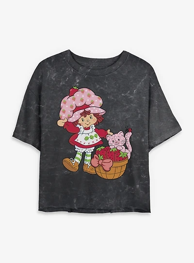Strawberry Shortcake Custard Basket Mineral Wash Womens Crop T-Shirt