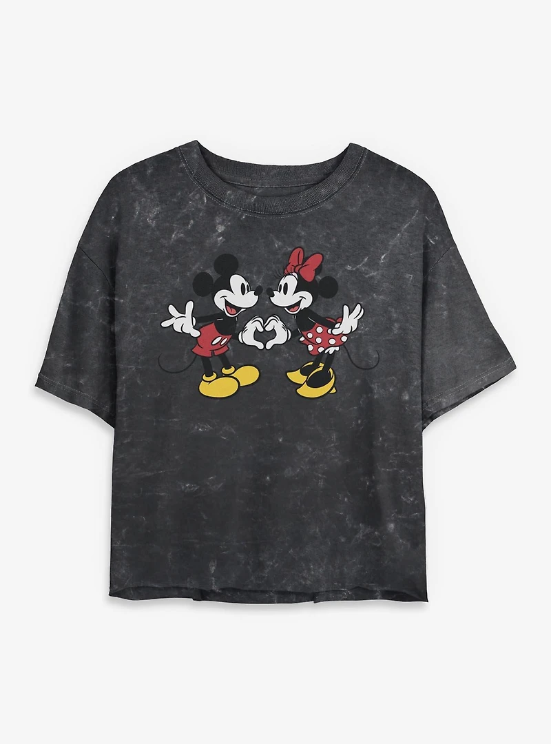 Disney Mickey Mouse Couple Heart Mineral Wash Womens Crop T-Shirt