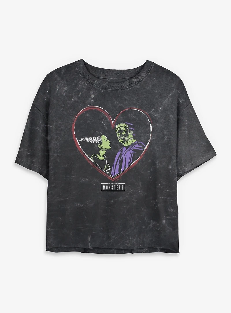 Universal Monsters Frankenstein & Bride Of Love Mineral Wash Womens Crop T-Shirt