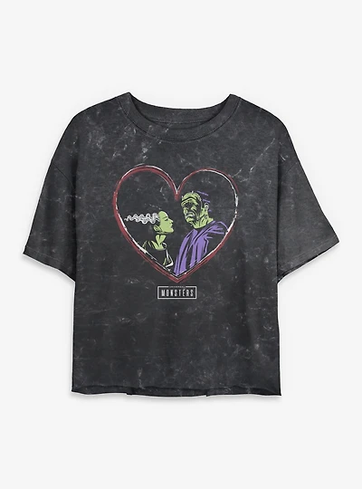Universal Monsters Frankenstein & Bride Of Love Mineral Wash Womens Crop T-Shirt