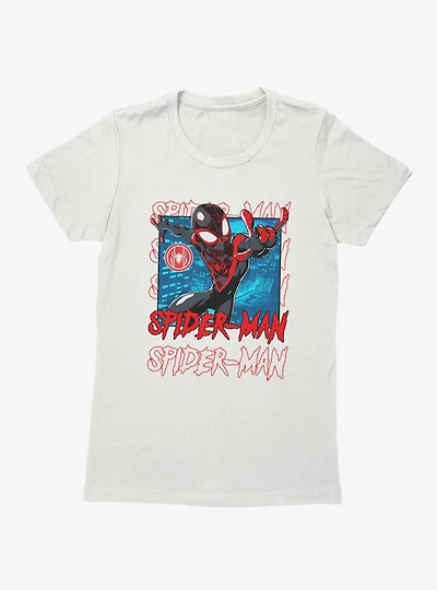 Marvel Spider-Man Name Stack On Blue City Miles Morales Womens T-Shirt