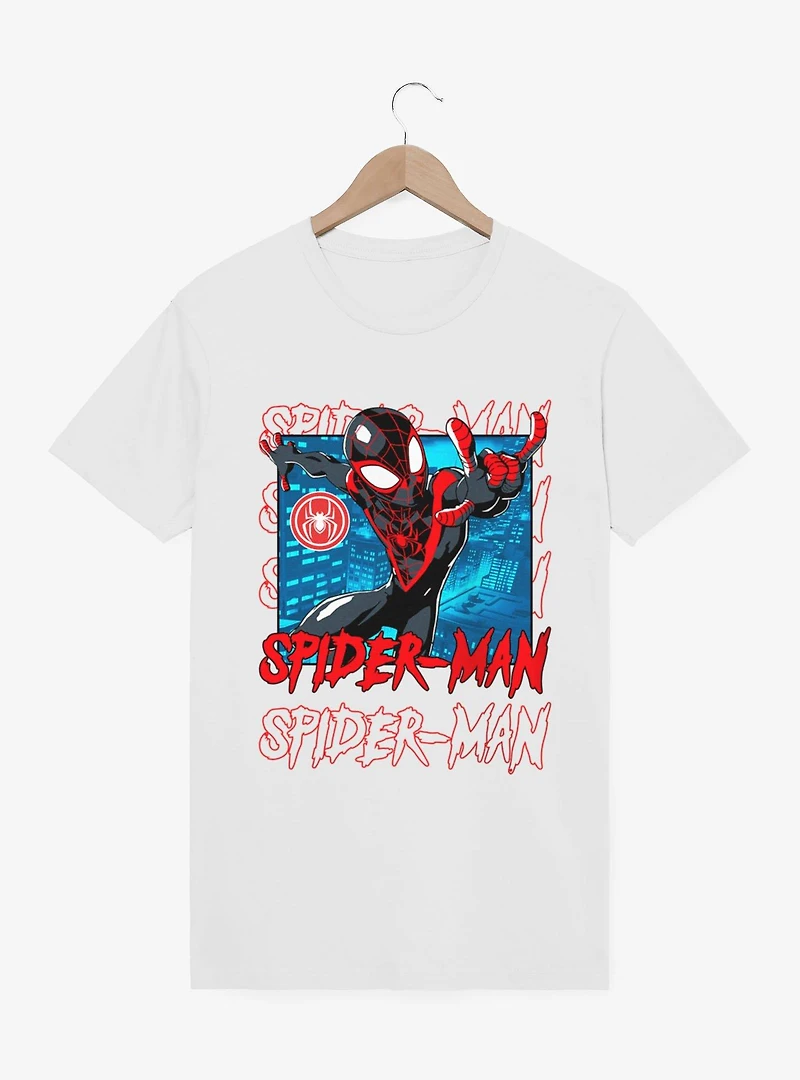 Marvel Spider-Man Name Stack On Blue City Miles Morales T-Shirt